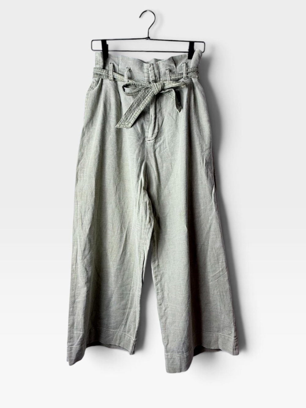Rag Poets Paper Bag Cropped Wide Leg Pant Women's Size 29 Linen Cotton Olive (B)